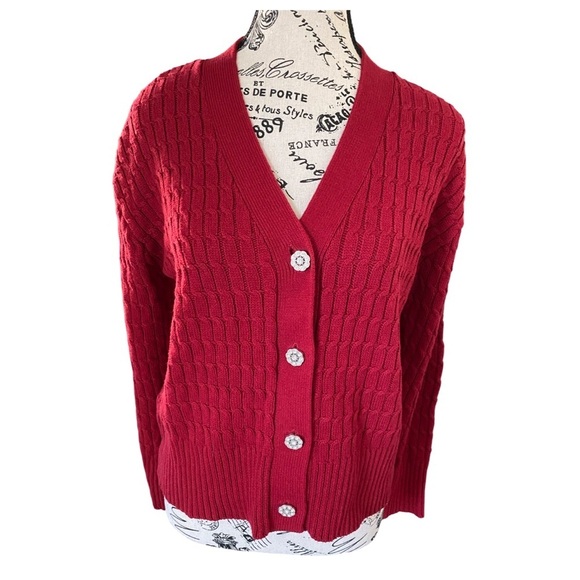 Anne Klein Red Long Sleeve Cable Cardigan Sweater With Jewel Buttons NWT Size S - Picture 3 of 8